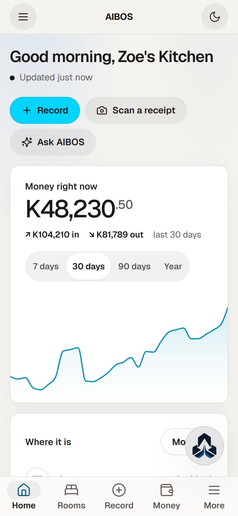 AIBOS in action: recording a sale, getting paid by mobile money, asking AIBOS a question and the morning brief